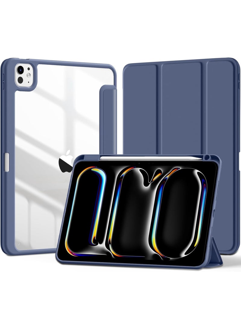 حافظة شفافة من Maledan متوافقة مع iPad Pro 11 بوصة 2024 M4 مع حامل قلم، ظهر شفاف من البولي كربونات وإطار مرن من مادة TPU، غطاء واقي، ميزة التنبيه/السكون التلقائي، تدعم Apple Pencil Pro/USB-C، لون أزرق - Image 1